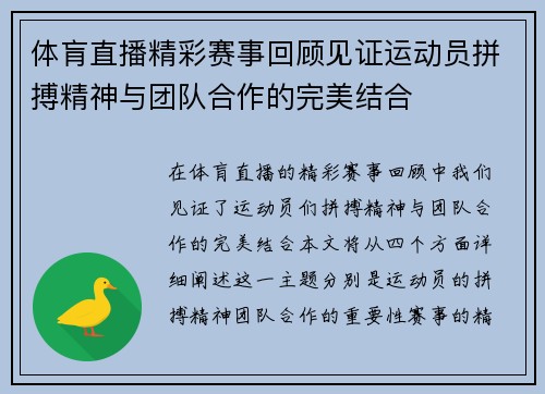 体肓直播精彩赛事回顾见证运动员拼搏精神与团队合作的完美结合